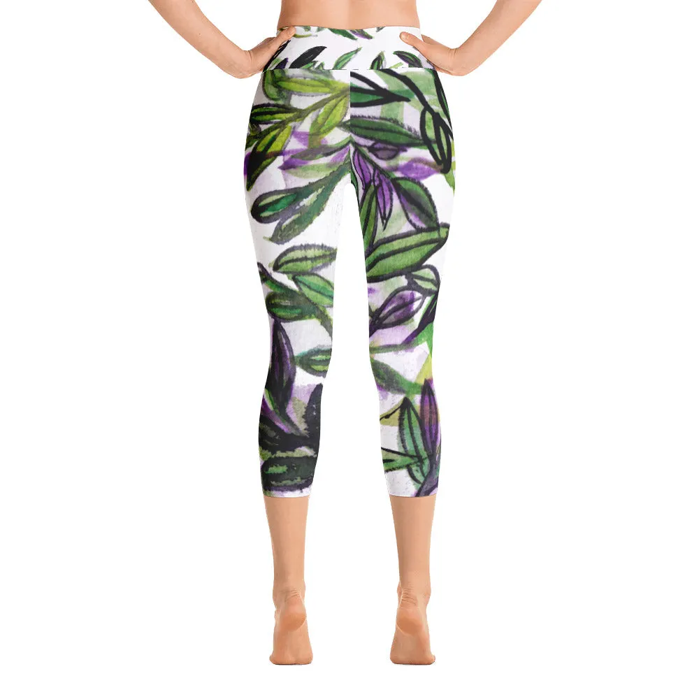 Tropical Leaves Print Capris Tights, Best Yoga Pants Capri Designer Leggings Athletic Outfit - Made in USA