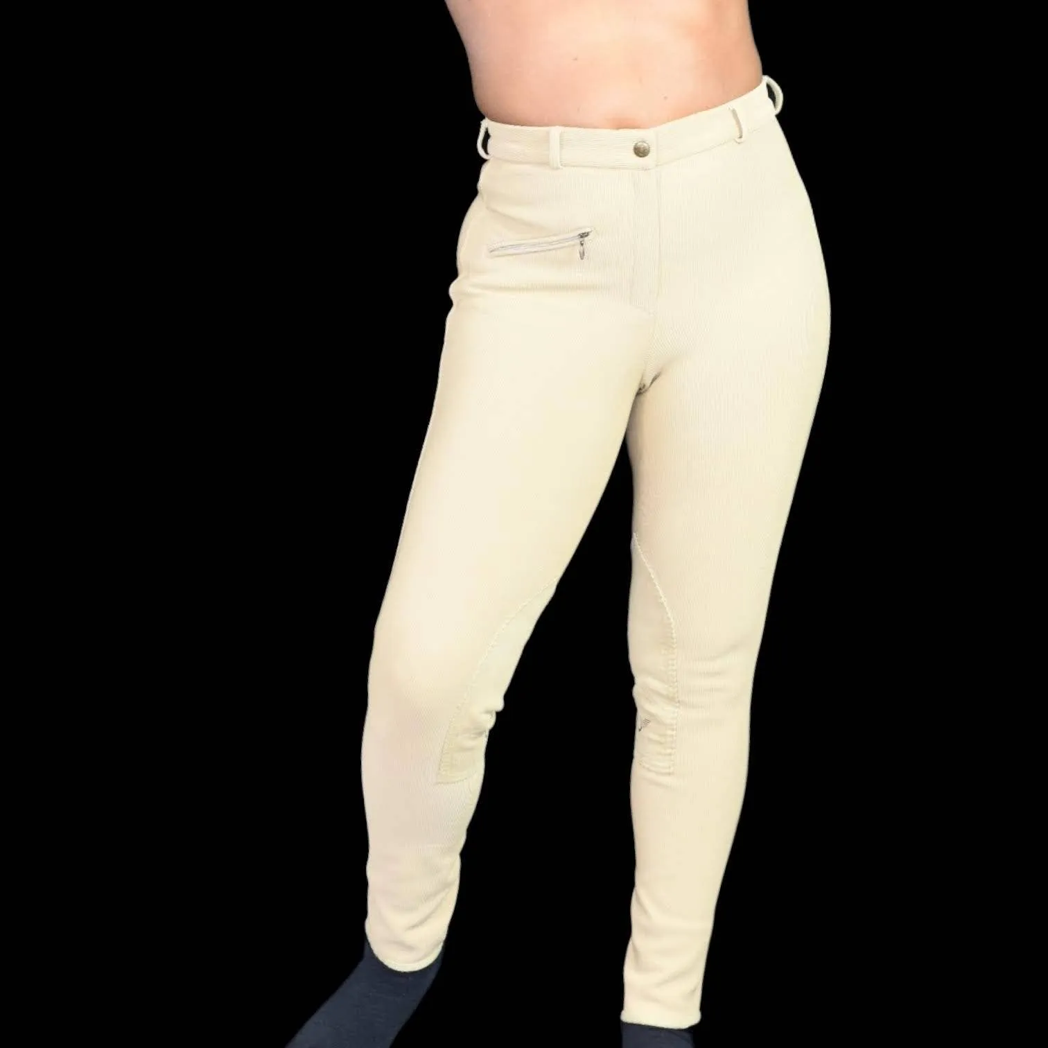 Tuffrider Riding Pants Tan Ribbed Knee Patch Breeches Sock Bottom Size 26 Womens Equestrian