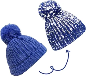 Unique Adult Reflective Knit Beanie Hats Warm Winter Hats Headwear for Work Running Women's Reflective Knit Pom Cuff Cap Dark Blue