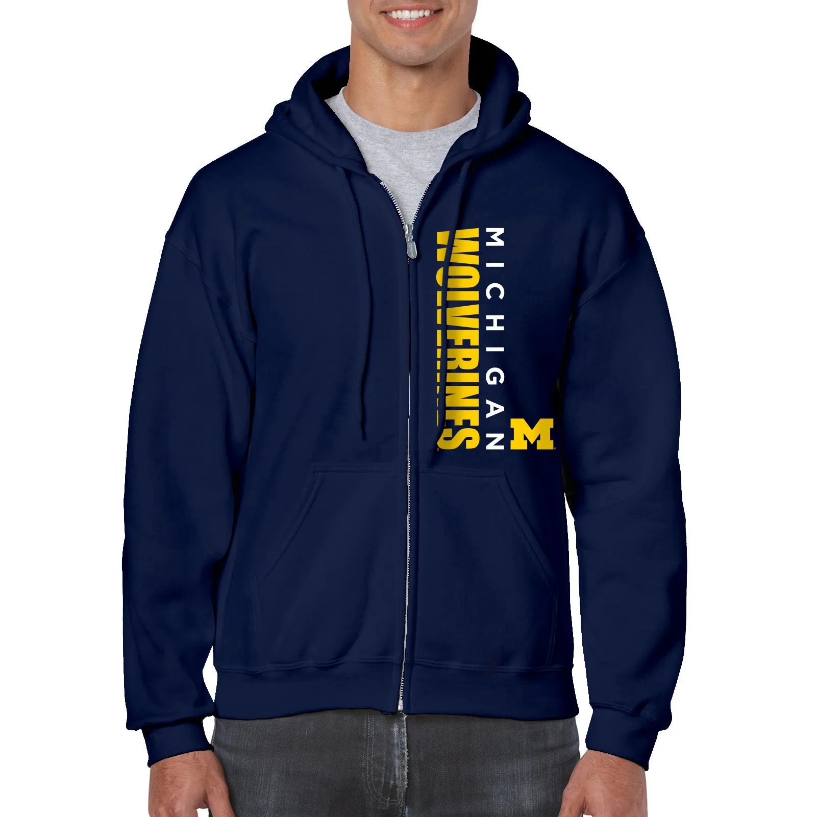 Vertical Block Left Chest University of Michigan Heavy Blend Zip Hoodie - Navy