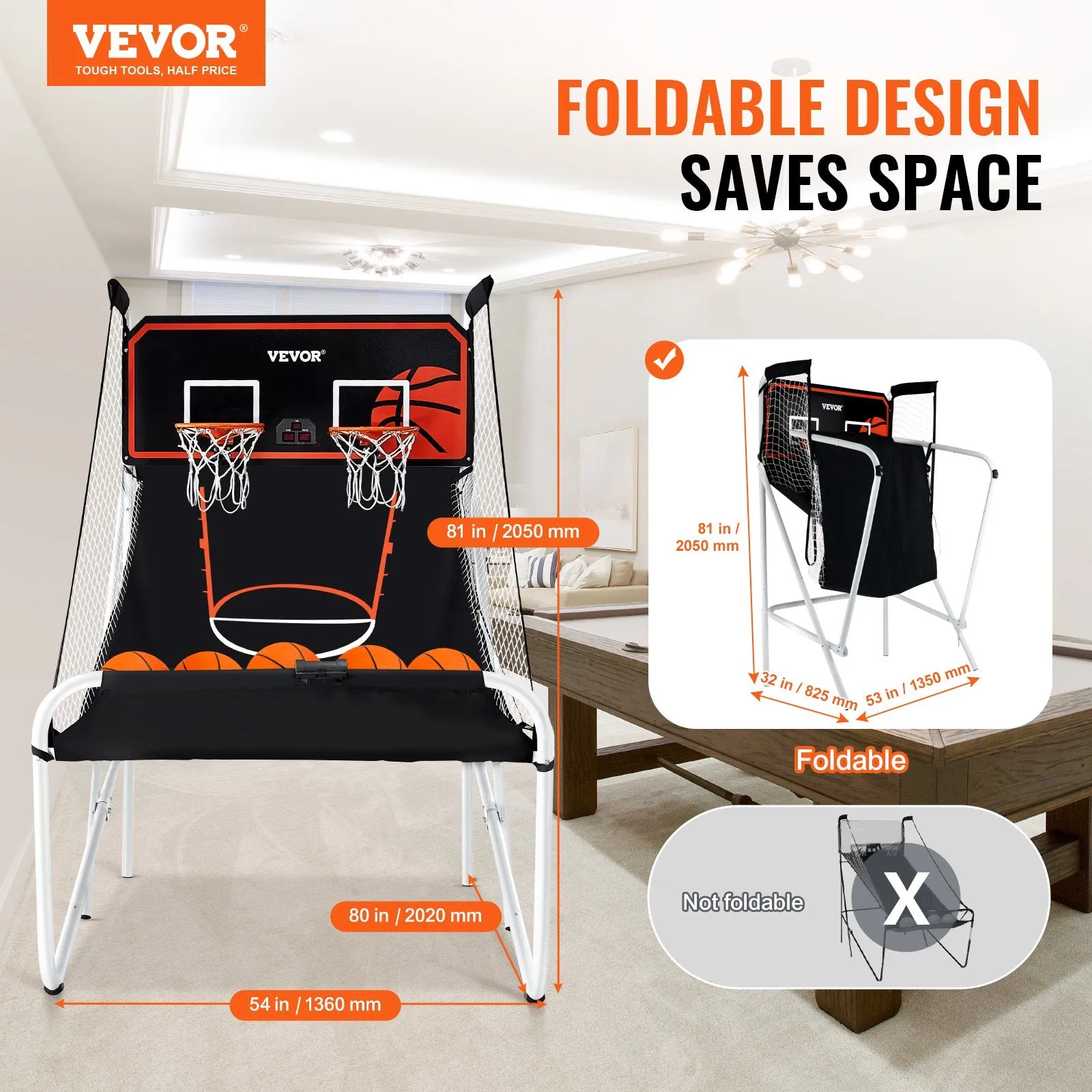 Vevor Arcade Basketball Game Foldable 2 Player with 5 Balls Electronic Scoreboard New