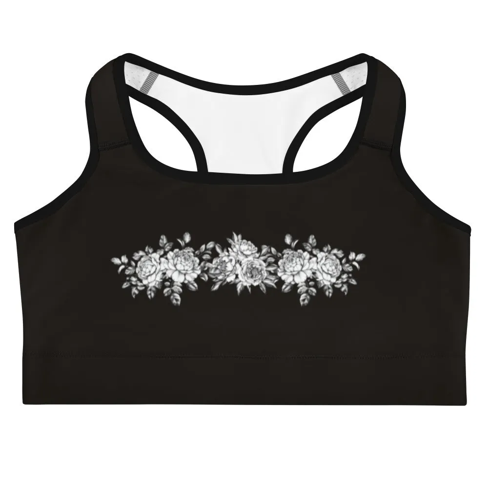 White Floral on Black Sports Bra, lioness-love