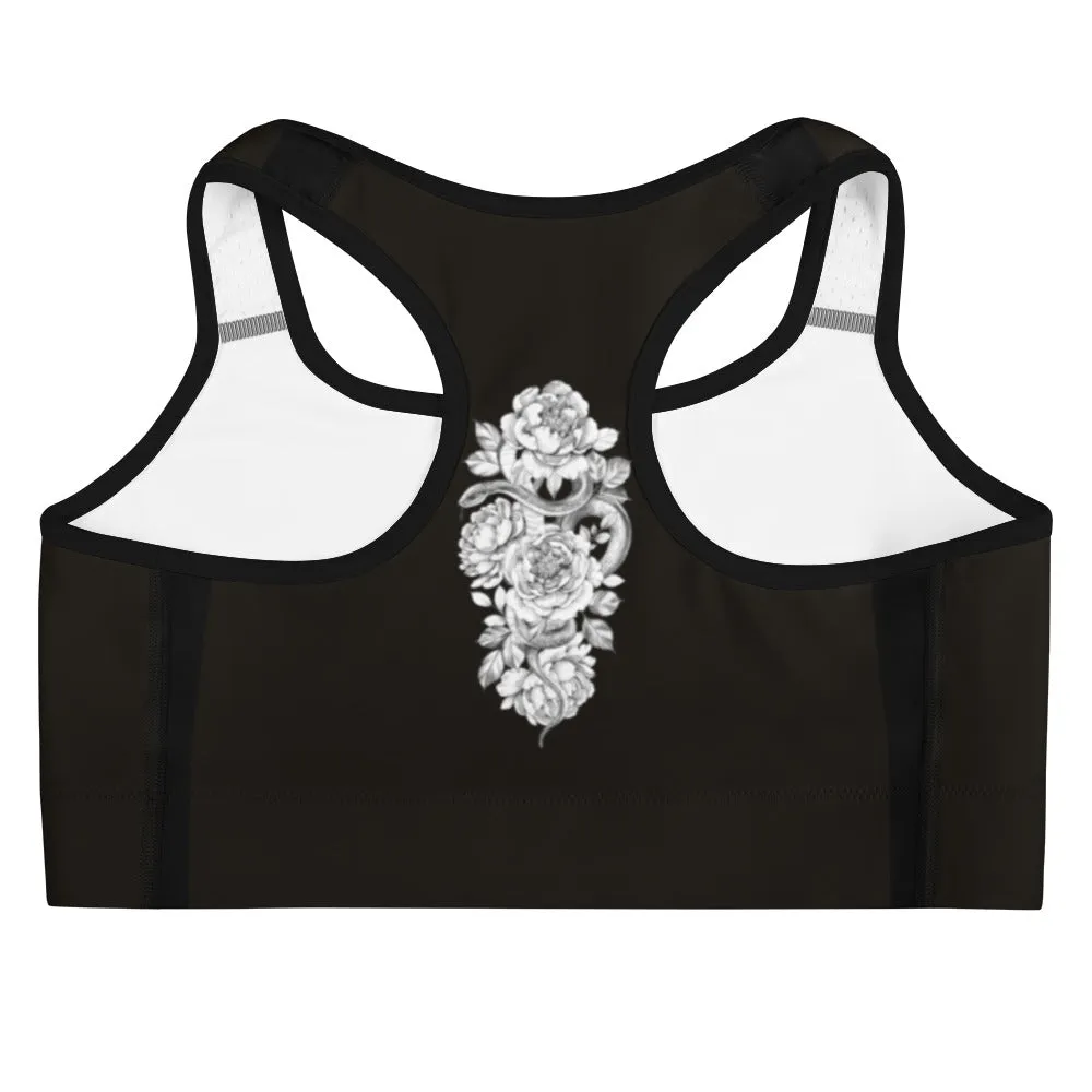White Floral on Black Sports Bra, lioness-love