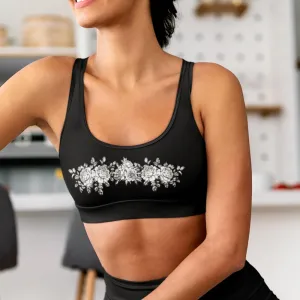 White Floral on Black Sports Bra, lioness-love