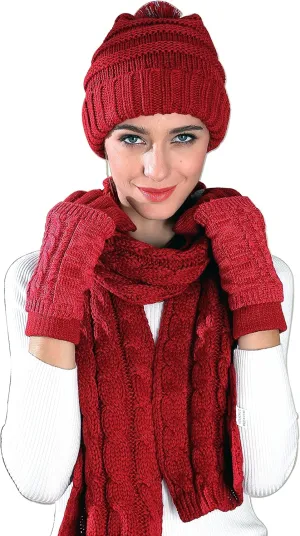 Winter Hat Gloves Scarf Set for Women, Cable Knit Beanie Pom Cap Touch Screen Glove Long Scarf 3PCS Winter Gift for Women Men