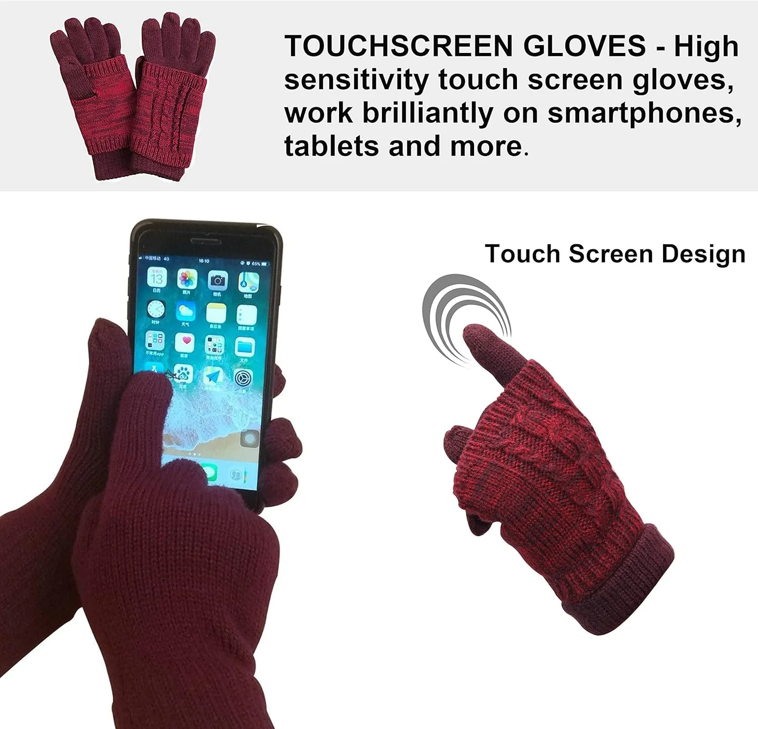 Winter Hat Gloves Scarf Set for Women, Cable Knit Beanie Pom Cap Touch Screen Glove Long Scarf 3PCS Winter Gift for Women Men