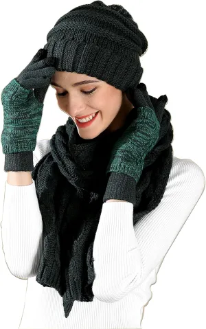 Winter Hat Gloves Scarf Set for Women, Cable Knit Beanie Pom Cap Touch Screen Glove Long Scarf 3PCS Winter Gift for Women Men