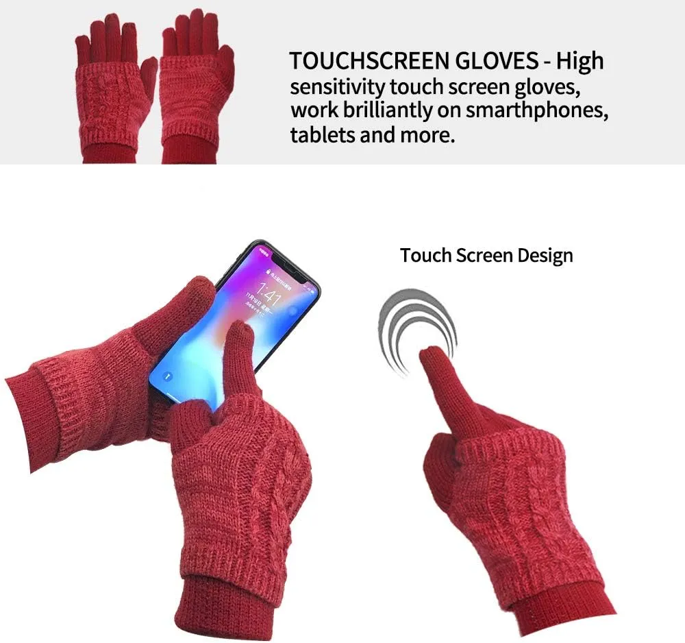 Winter Hat Gloves Scarf Set for Women, Cable Knit Beanie Pom Cap Touch Screen Glove Long Scarf 3PCS Winter Gift for Women Men