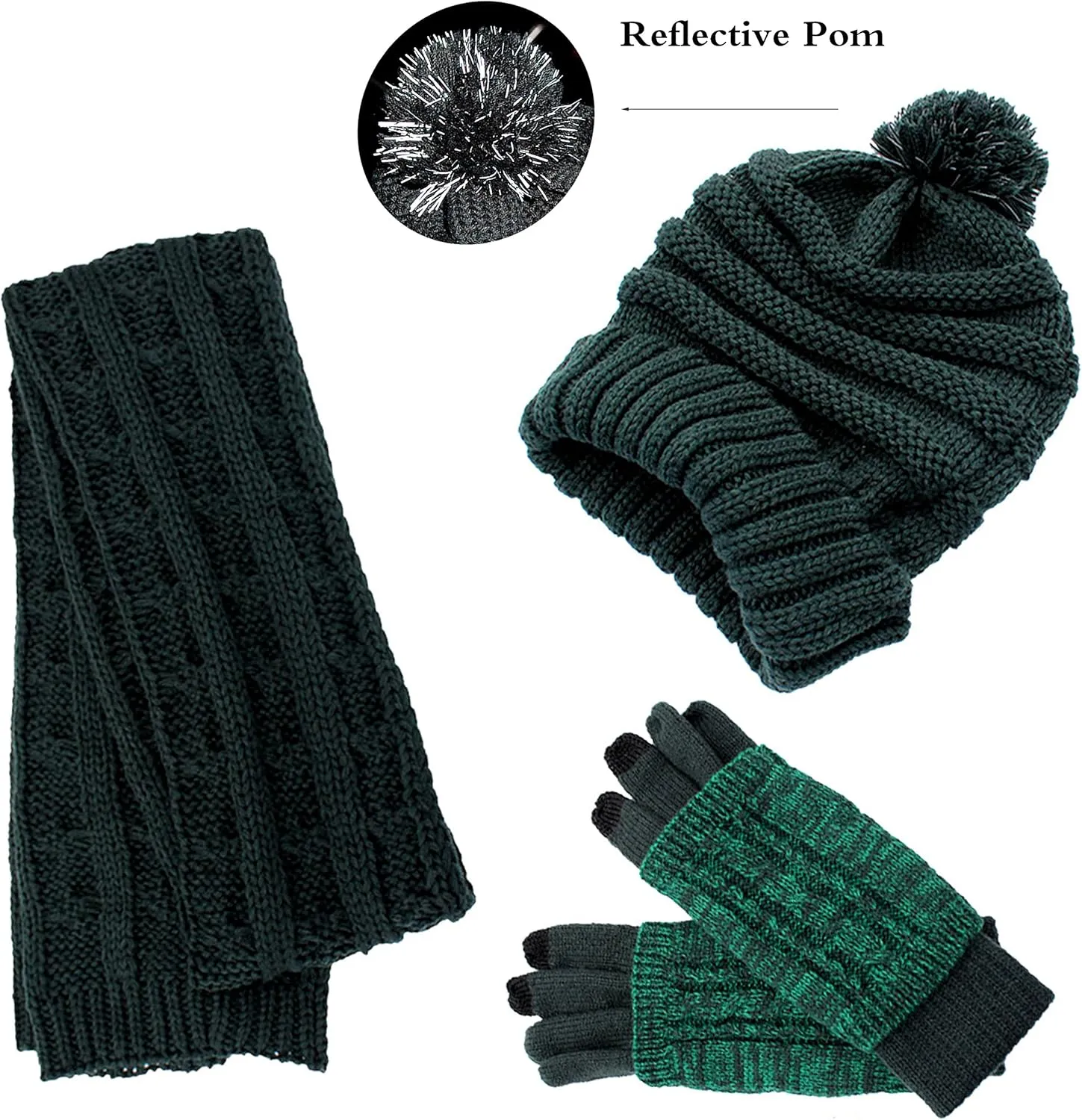 Winter Hat Gloves Scarf Set for Women, Cable Knit Beanie Pom Cap Touch Screen Glove Long Scarf 3PCS Winter Gift for Women Men