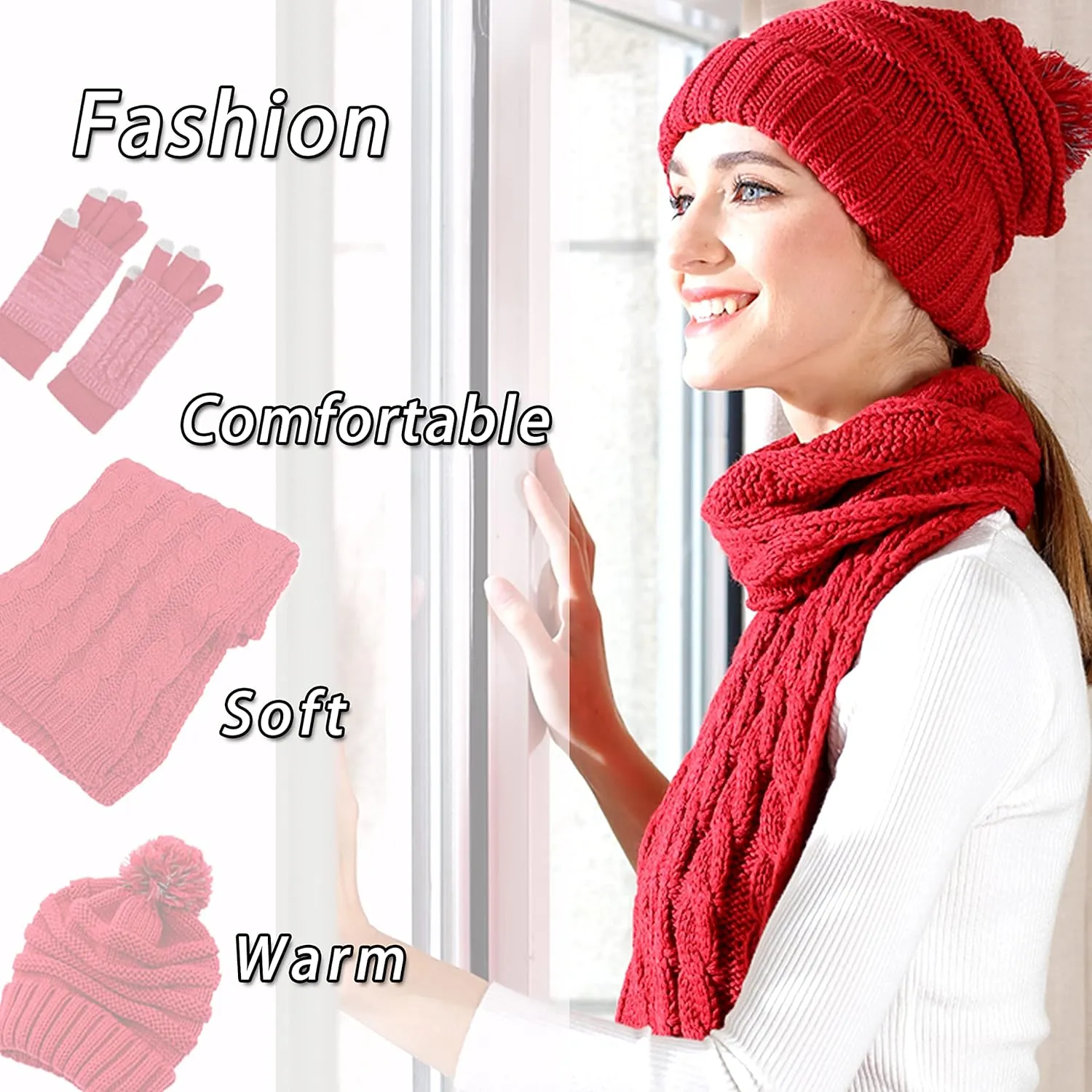 Winter Hat Gloves Scarf Set for Women, Cable Knit Beanie Pom Cap Touch Screen Glove Long Scarf 3PCS Winter Gift for Women Men