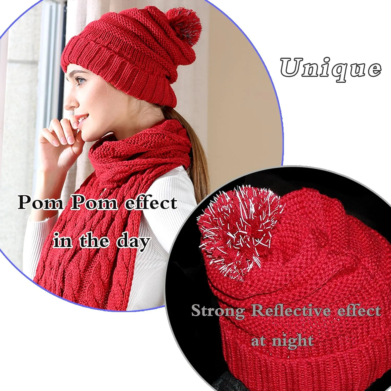 Winter Hat Gloves Scarf Set for Women, Cable Knit Beanie Pom Cap Touch Screen Glove Long Scarf 3PCS Winter Gift for Women Men