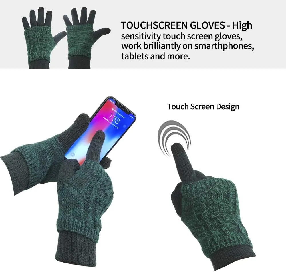 Winter Hat Gloves Scarf Set for Women, Cable Knit Beanie Pom Cap Touch Screen Glove Long Scarf 3PCS Winter Gift for Women Men