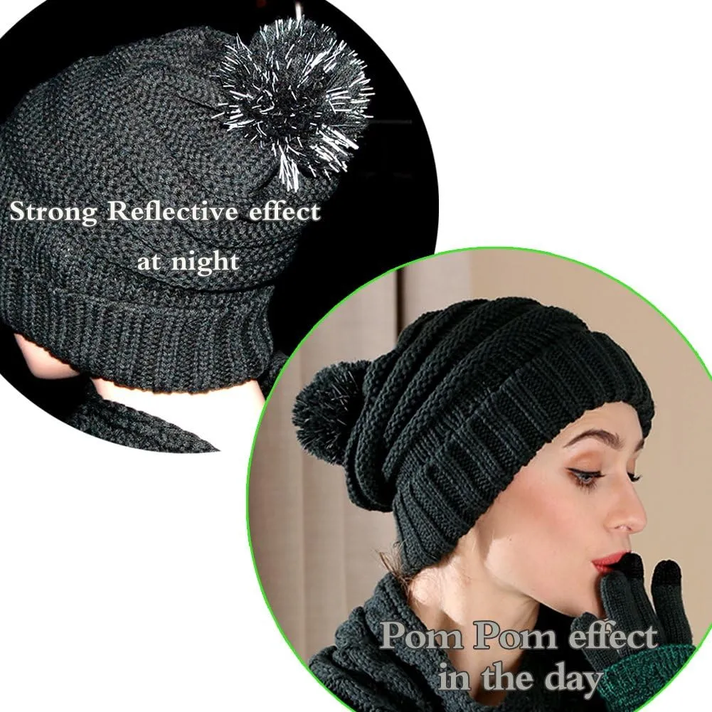 Winter Hat Gloves Scarf Set for Women, Cable Knit Beanie Pom Cap Touch Screen Glove Long Scarf 3PCS Winter Gift for Women Men