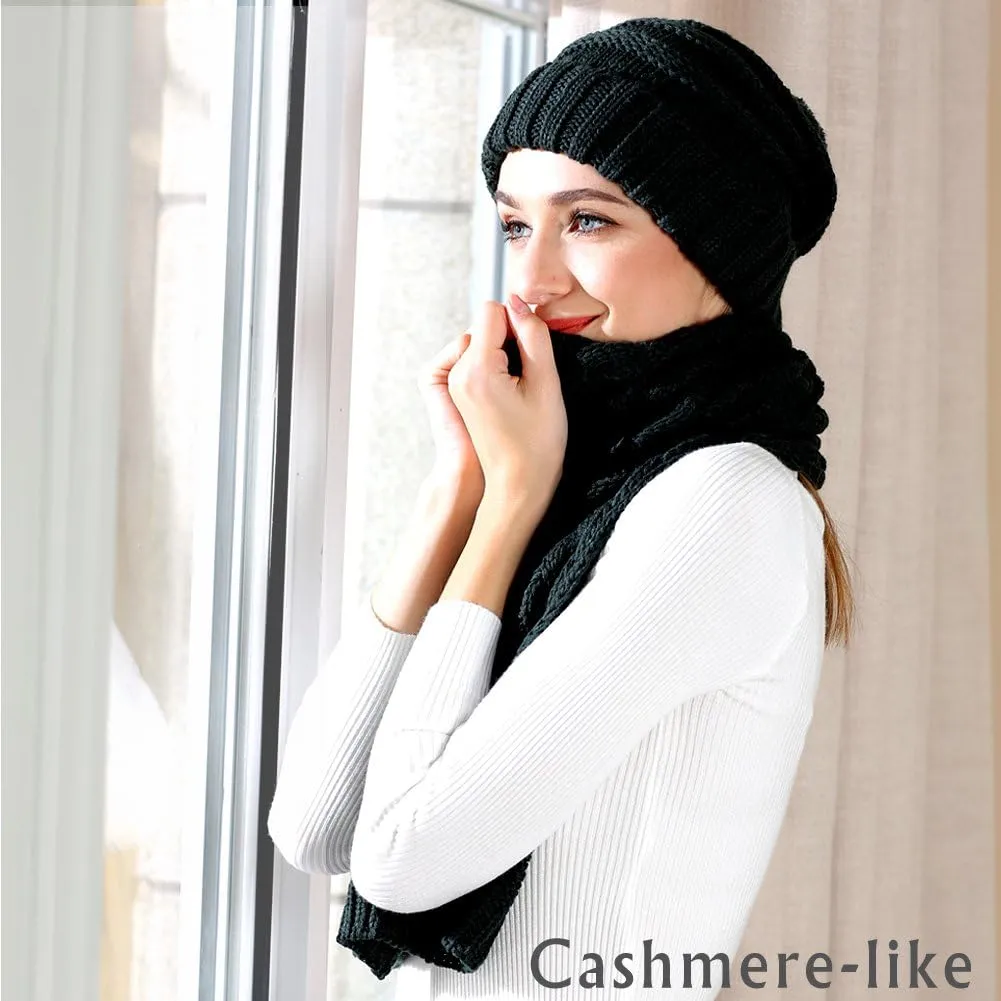 Winter Hat Gloves Scarf Set for Women, Cable Knit Beanie Pom Cap Touch Screen Glove Long Scarf 3PCS Winter Gift for Women Men