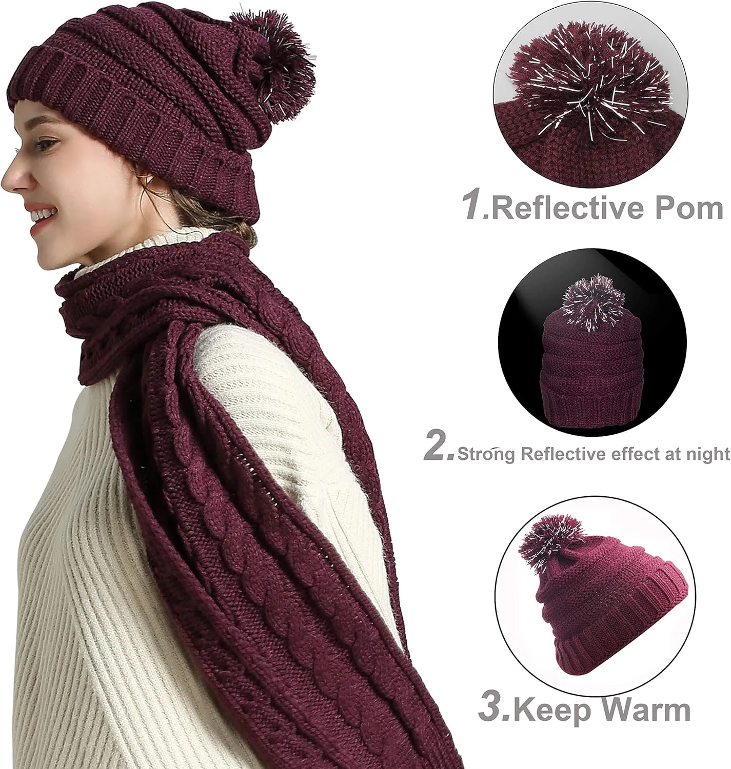 Winter Hat Gloves Scarf Set for Women, Cable Knit Beanie Pom Cap Touch Screen Glove Long Scarf 3PCS Winter Gift for Women Men