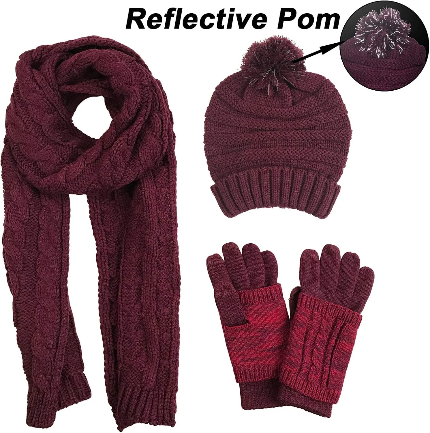 Winter Hat Gloves Scarf Set for Women, Cable Knit Beanie Pom Cap Touch Screen Glove Long Scarf 3PCS Winter Gift for Women Men