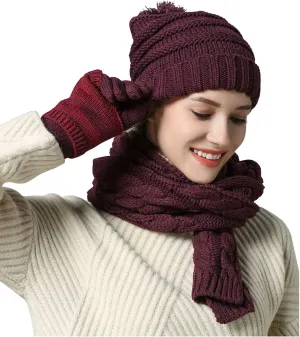 Winter Hat Gloves Scarf Set for Women, Cable Knit Beanie Pom Cap Touch Screen Glove Long Scarf 3PCS Winter Gift for Women Men