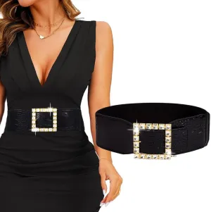 Women Elastic Wide Belt for Dresses Rhinestone Square Buckle Stretchy Waist Belt Vintage Stretchy Cinch Waistband