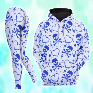 Women Hoodie and Leggings, Blue Skull Heart Pattern Outwear Pants Outfit