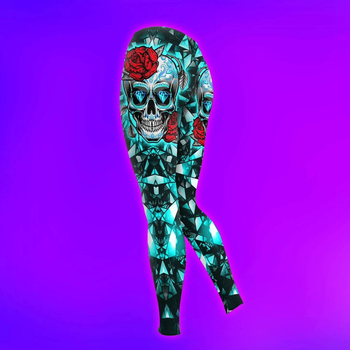 Women Hoodie and Leggings, Cyan Kaleidoscope Skull Rose Outwear Pants Outfit