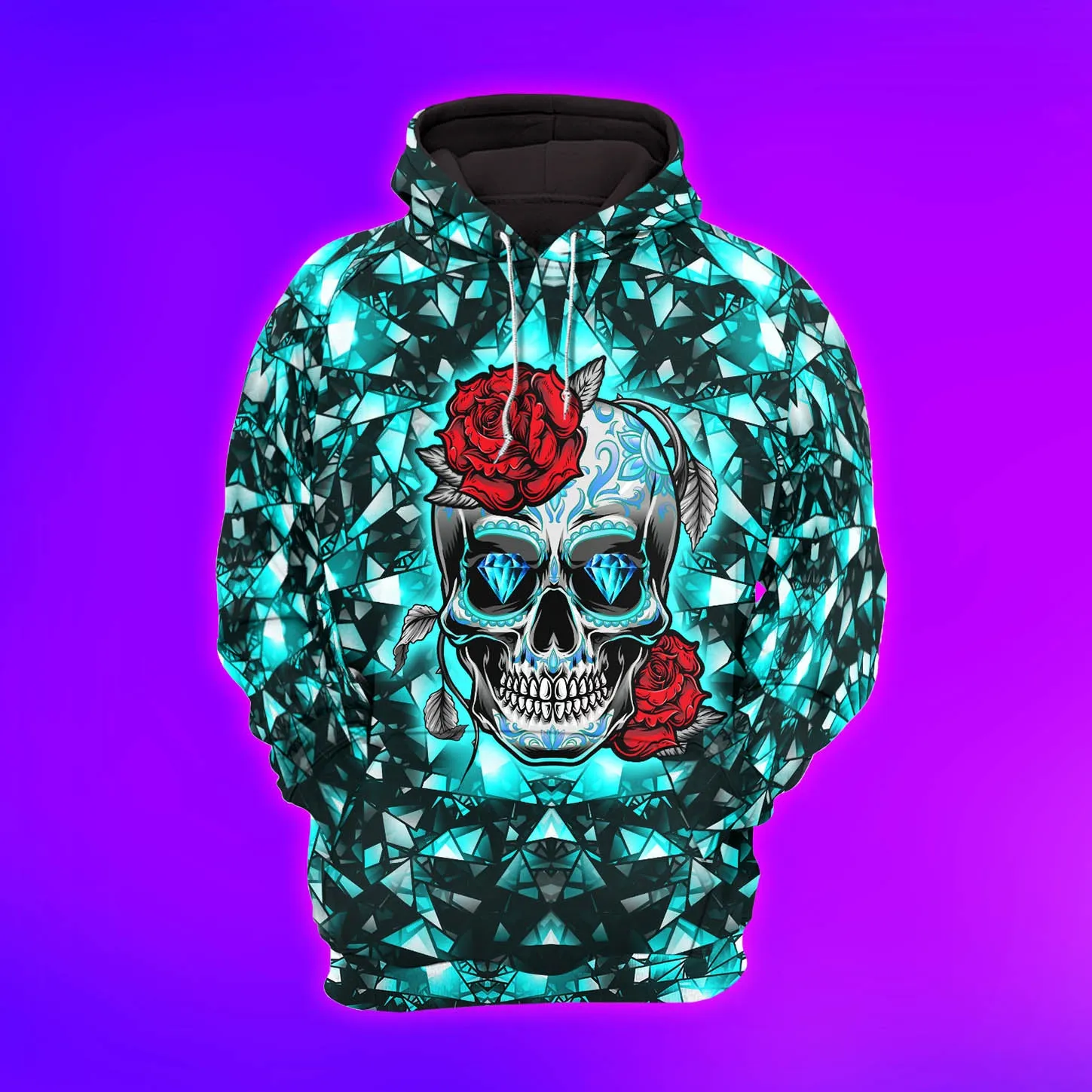 Women Hoodie and Leggings, Cyan Kaleidoscope Skull Rose Outwear Pants Outfit