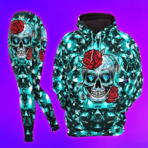 Women Hoodie and Leggings, Cyan Kaleidoscope Skull Rose Outwear Pants Outfit