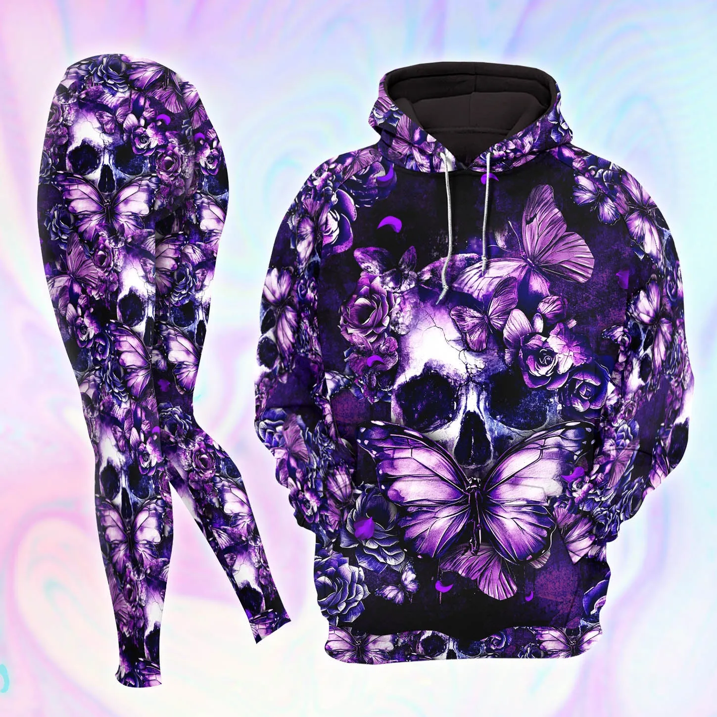 Women Hoodie and Leggings, Purple Skull Violet Rose Outwear Pants Outfit