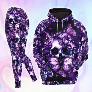 Women Hoodie and Leggings, Purple Skull Violet Rose Outwear Pants Outfit
