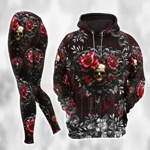 Women Hoodie and Leggings, Red Skull Rose Floral Outwear Pants Outfit