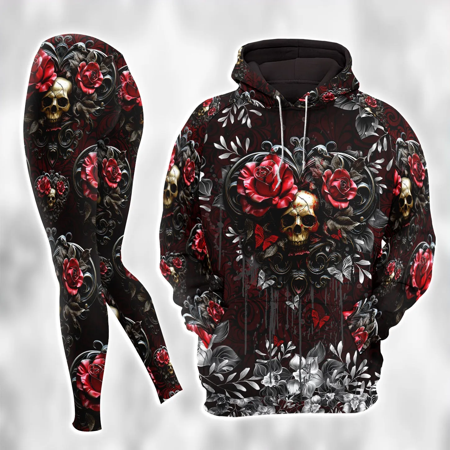 Women Hoodie and Leggings, Red Skull Rose Floral Outwear Pants Outfit