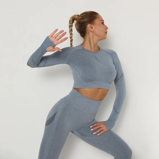 Women Seamless Yoga Set Fitness Sports Suits Gym Clothing Long Sleeve Crop Top Shirts High Waist Running Leggings Workout Pants
