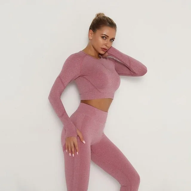 Women Seamless Yoga Set Fitness Sports Suits Gym Clothing Long Sleeve Crop Top Shirts High Waist Running Leggings Workout Pants