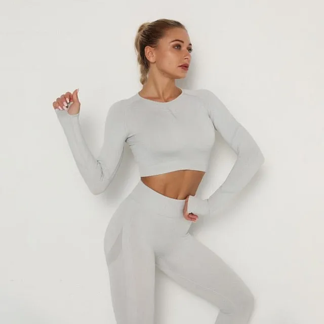 Women Seamless Yoga Set Fitness Sports Suits Gym Clothing Long Sleeve Crop Top Shirts High Waist Running Leggings Workout Pants