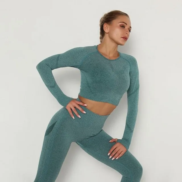 Women Seamless Yoga Set Fitness Sports Suits Gym Clothing Long Sleeve Crop Top Shirts High Waist Running Leggings Workout Pants