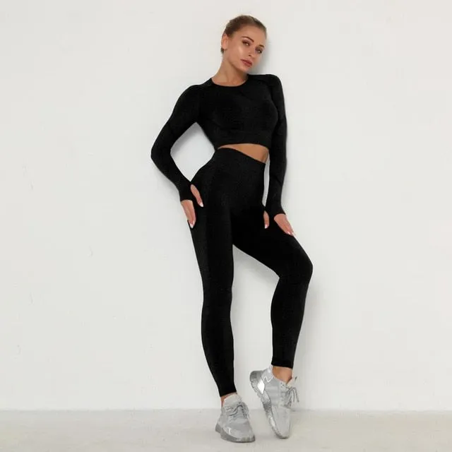 Women Seamless Yoga Set Fitness Sports Suits Gym Clothing Long Sleeve Crop Top Shirts High Waist Running Leggings Workout Pants