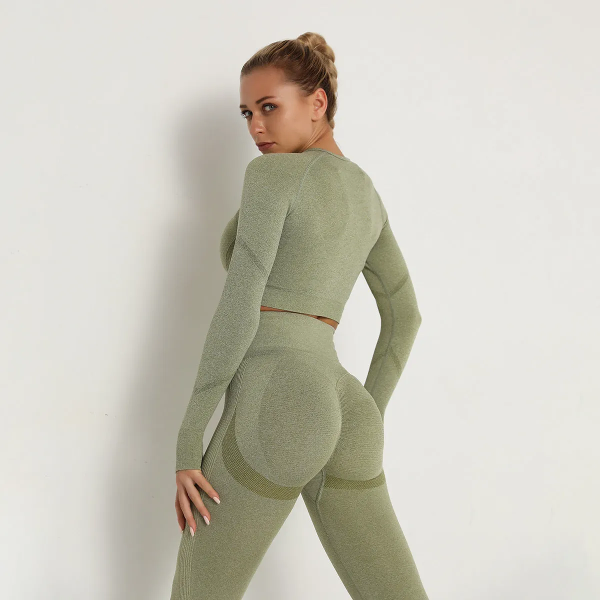 Women Seamless Yoga Set Fitness Sports Suits Gym Clothing Long Sleeve Crop Top Shirts High Waist Running Leggings Workout Pants