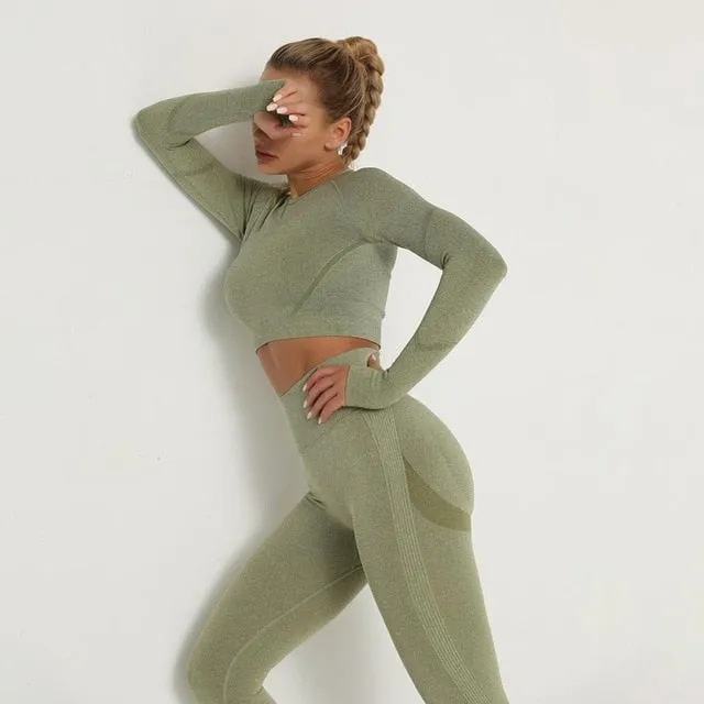 Women Seamless Yoga Set Fitness Sports Suits Gym Clothing Long Sleeve Crop Top Shirts High Waist Running Leggings Workout Pants