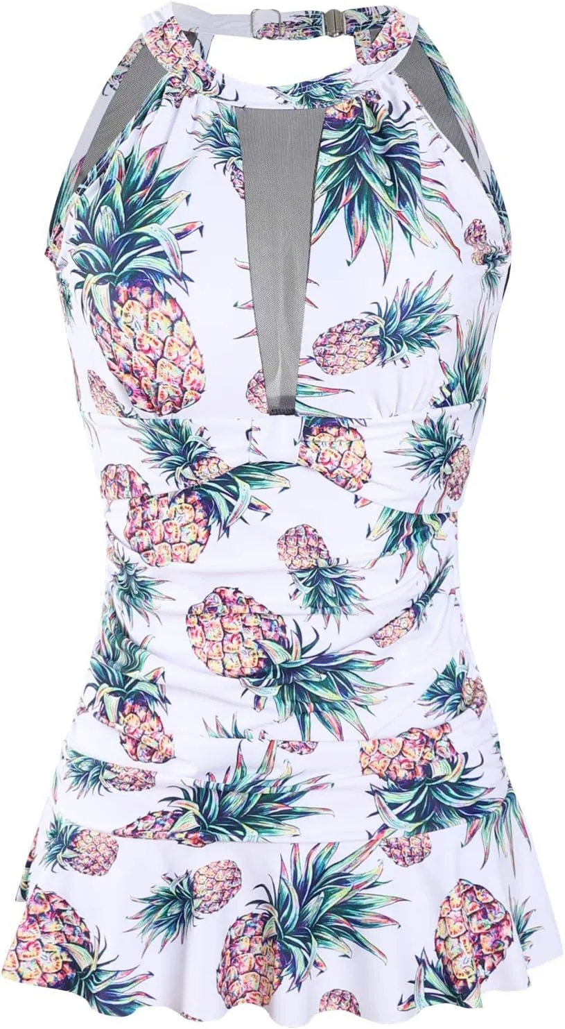 Women Tankinis V Neck Lace Up Backless High Waisted Swimsuit Flexible Tummy Control Bathing Suit