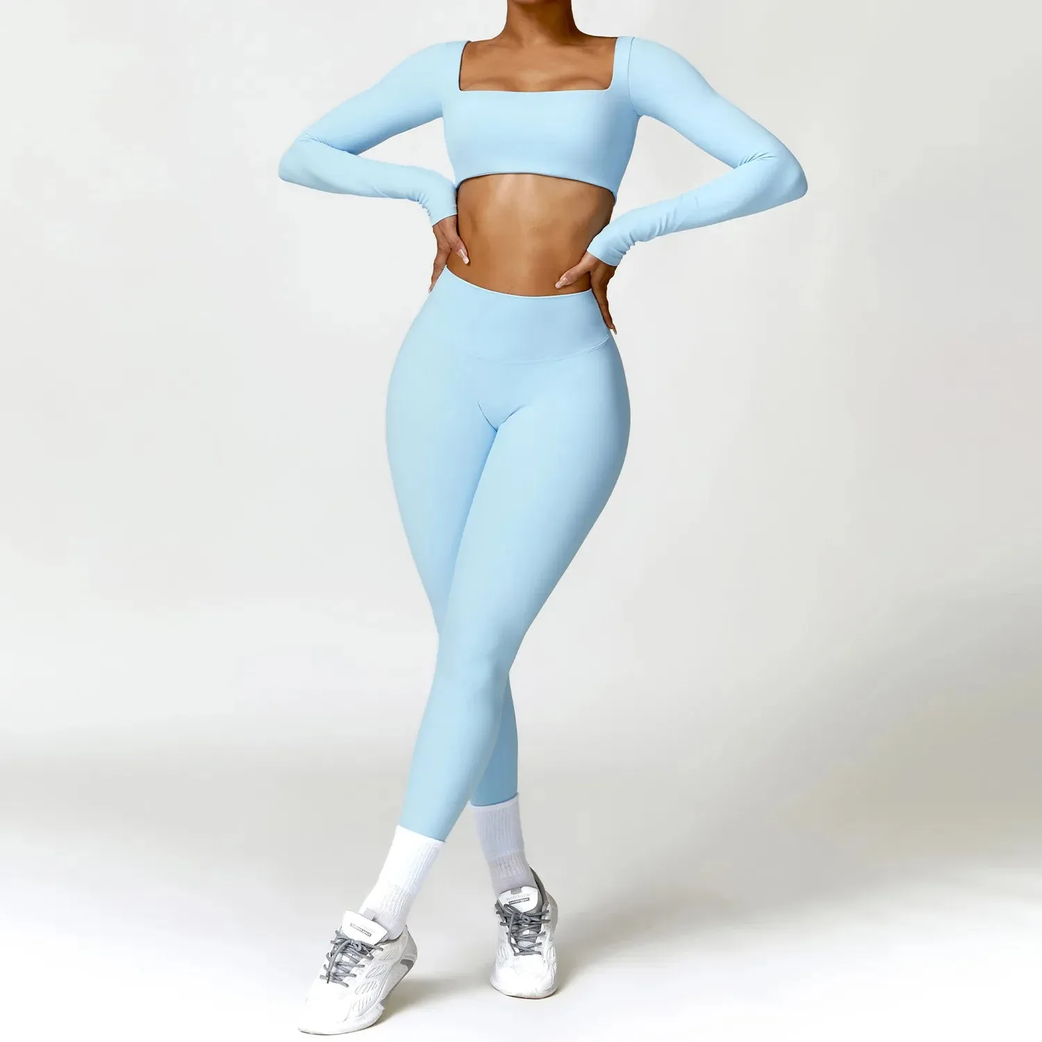 Women's 2PCS Tracksuit Yoga Set – Long Sleeve Crop Top & High-Waist Leggings | Athletic Workout Sportswear for Gym & Fitness