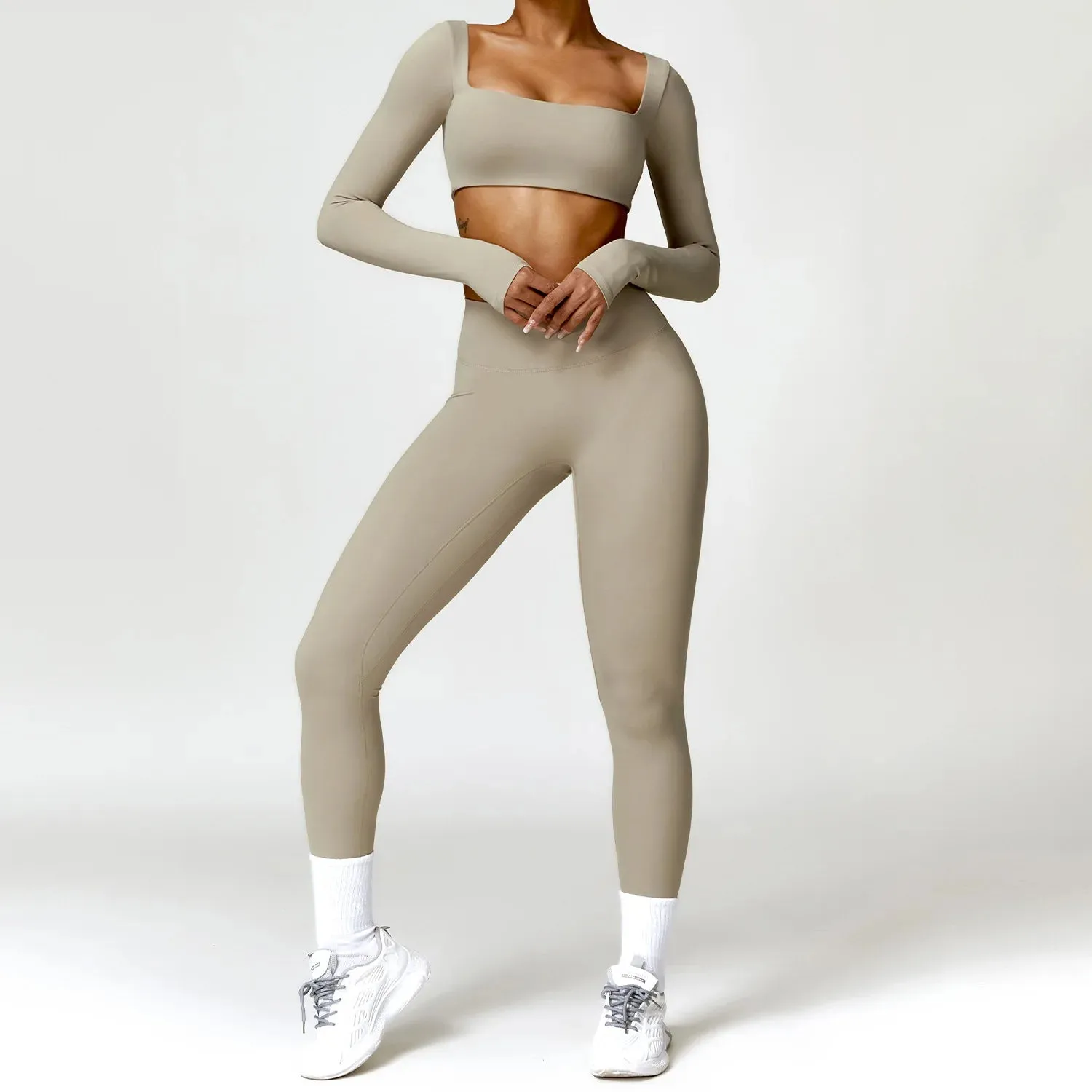 Women's 2PCS Tracksuit Yoga Set – Long Sleeve Crop Top & High-Waist Leggings | Athletic Workout Sportswear for Gym & Fitness