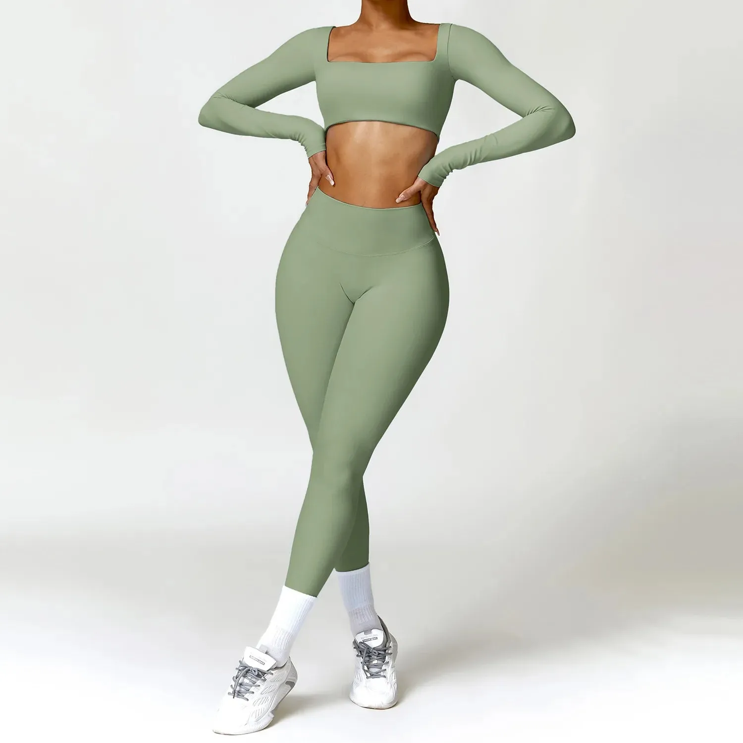 Women's 2PCS Tracksuit Yoga Set – Long Sleeve Crop Top & High-Waist Leggings | Athletic Workout Sportswear for Gym & Fitness
