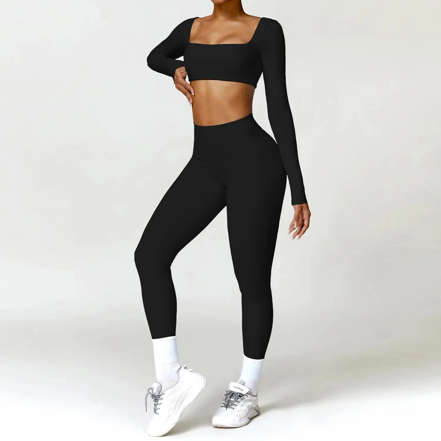 Women's 2PCS Tracksuit Yoga Set – Long Sleeve Crop Top & High-Waist Leggings | Athletic Workout Sportswear for Gym & Fitness