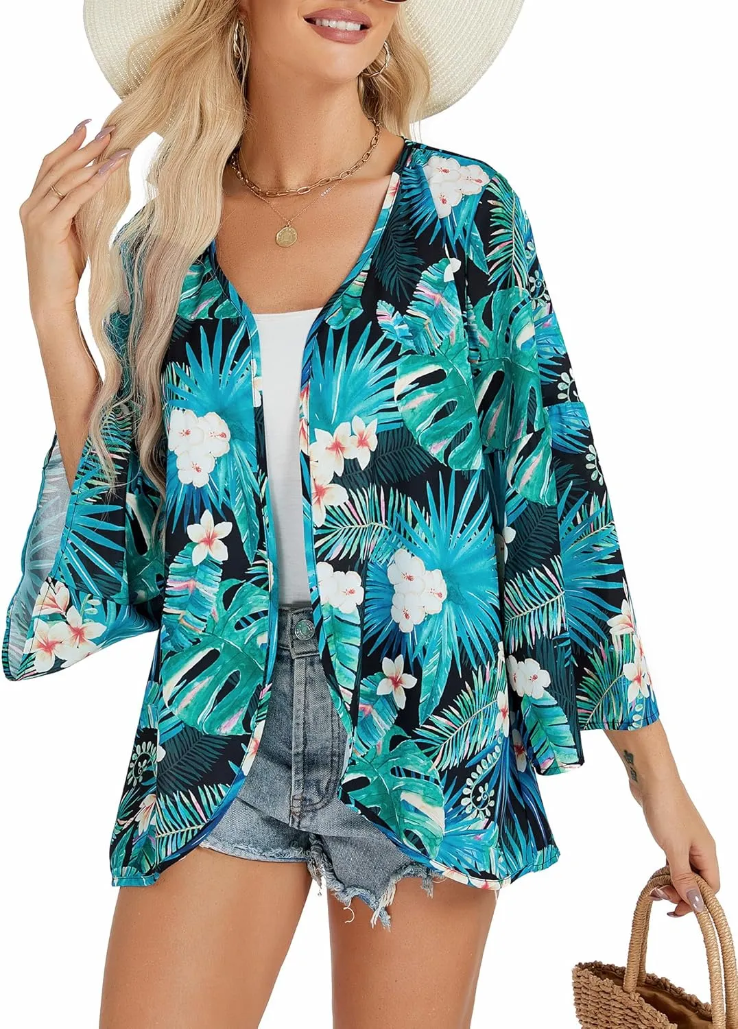 Womens Boho Floral Chiffon Kimono Swimsuit Cover Ups Tops Lightweight Beach Lightweight Summer Cardigans