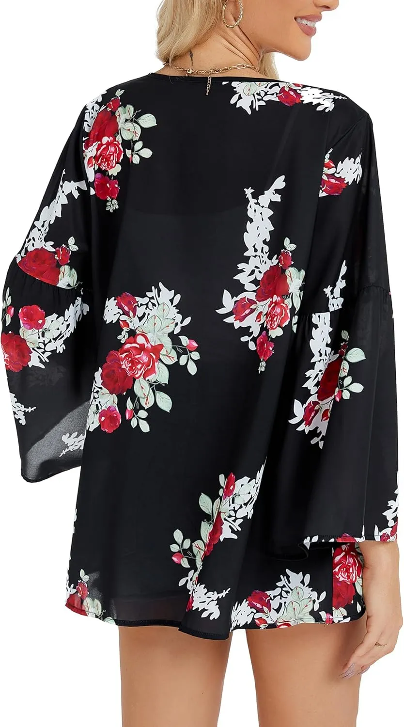 Womens Boho Floral Chiffon Kimono Swimsuit Cover Ups Tops Lightweight Beach Lightweight Summer Cardigans