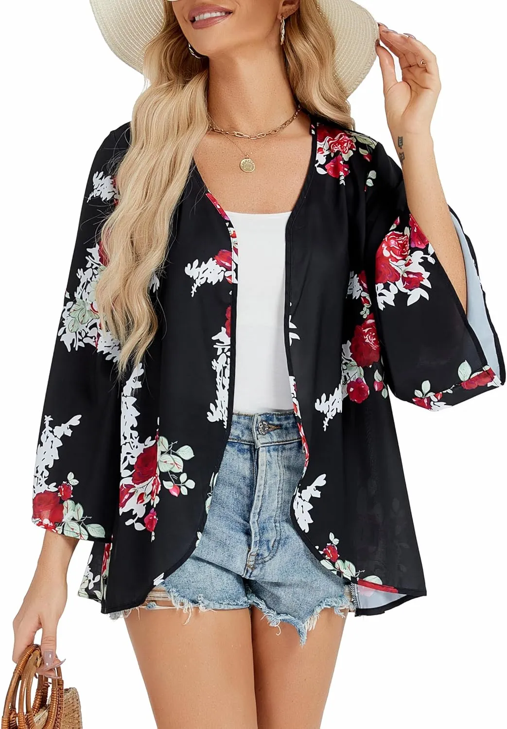 Womens Boho Floral Chiffon Kimono Swimsuit Cover Ups Tops Lightweight Beach Lightweight Summer Cardigans