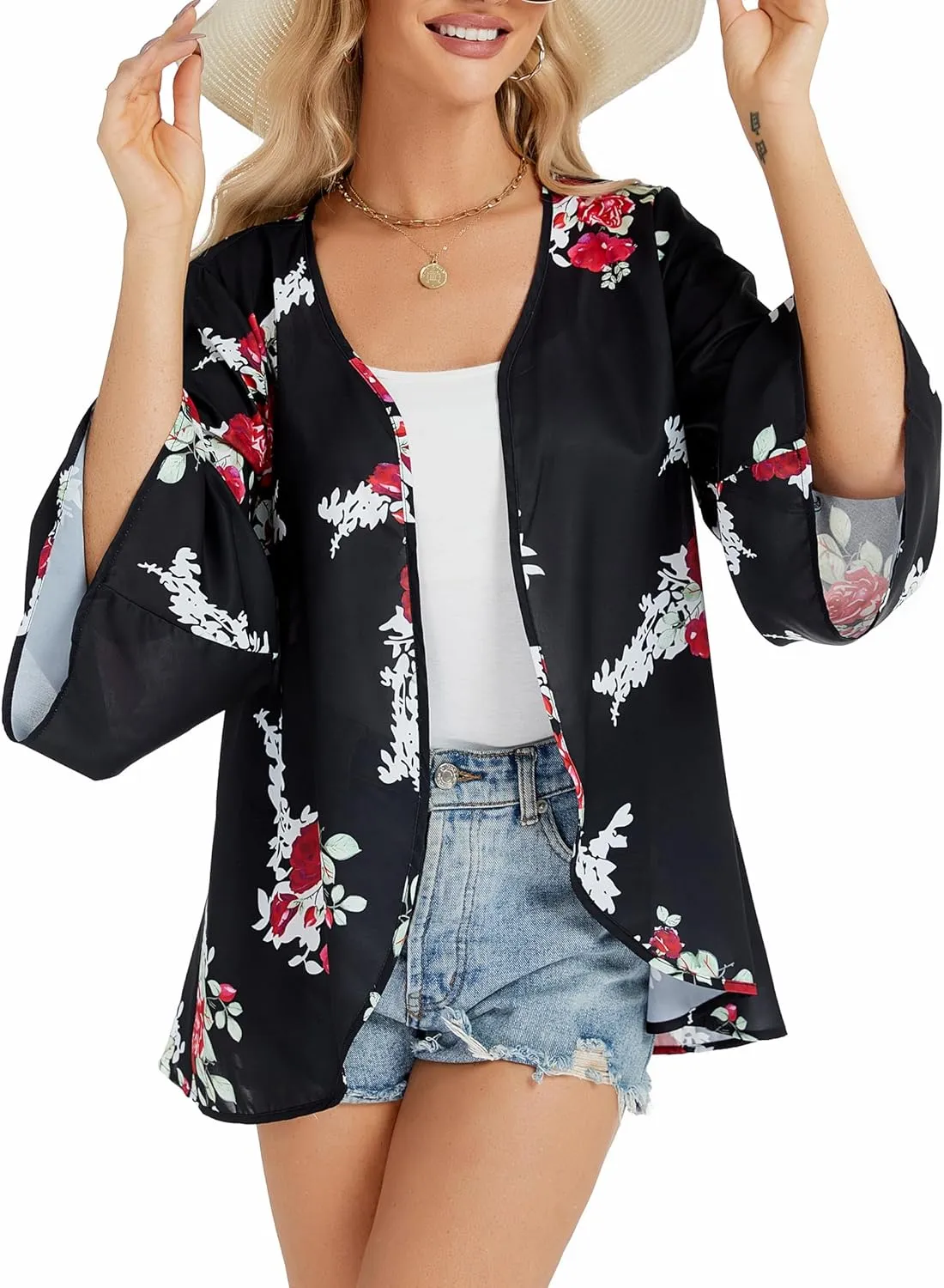 Womens Boho Floral Chiffon Kimono Swimsuit Cover Ups Tops Lightweight Beach Lightweight Summer Cardigans