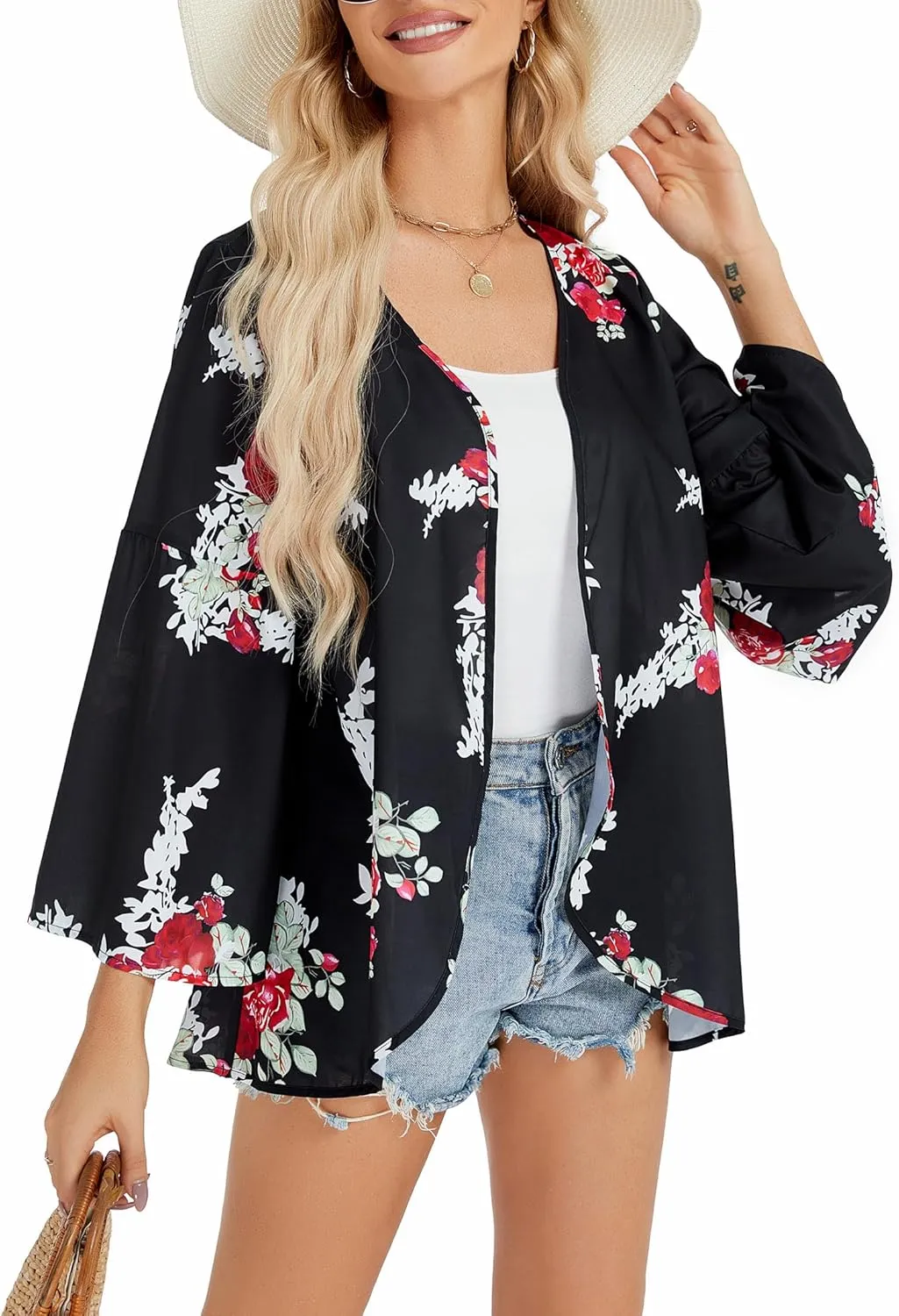 Womens Boho Floral Chiffon Kimono Swimsuit Cover Ups Tops Lightweight Beach Lightweight Summer Cardigans