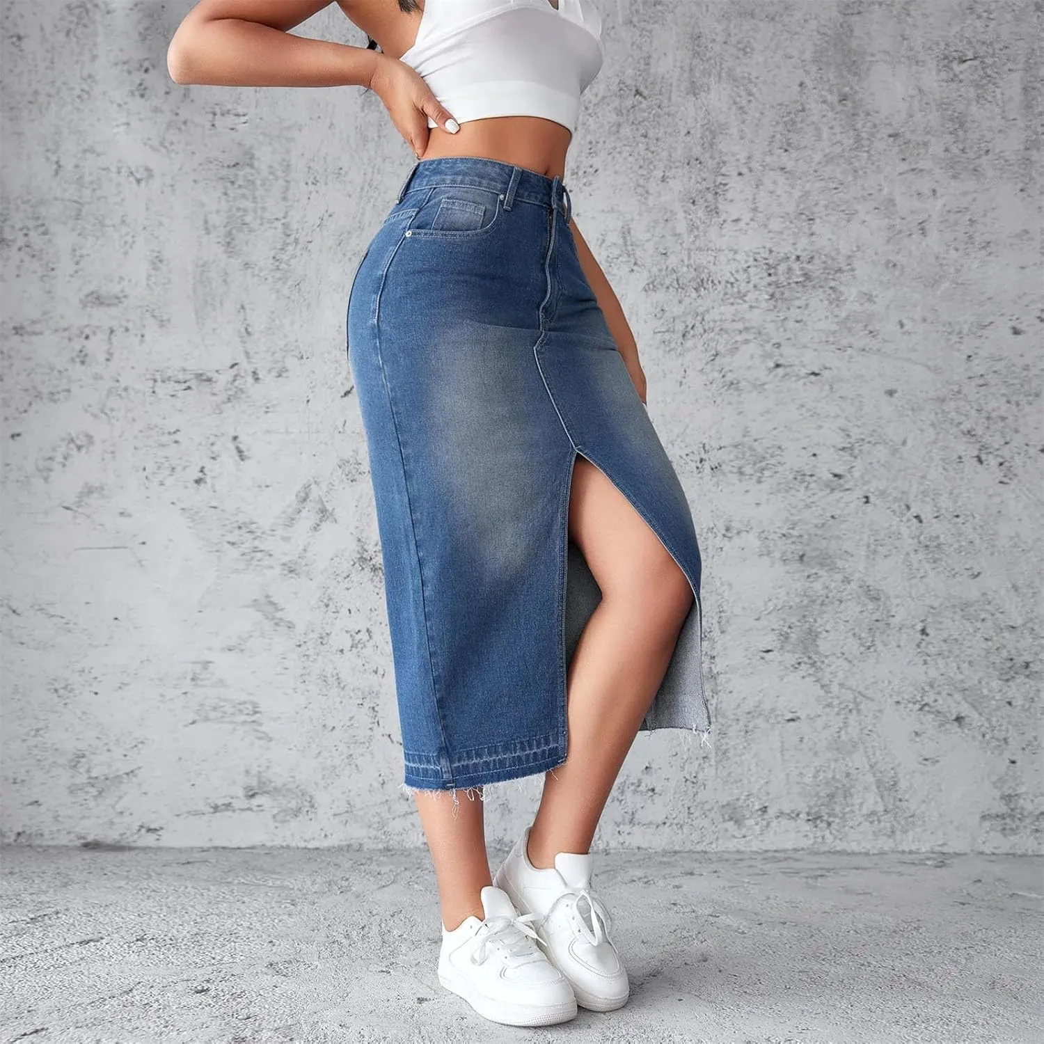 Womens High Waist A Line High Waist Denim Skirts Splice Pocket Button Mid Length Skirt Y2k Streetwear