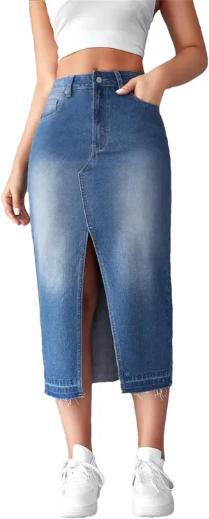 Womens High Waist A Line High Waist Denim Skirts Splice Pocket Button Mid Length Skirt Y2k Streetwear