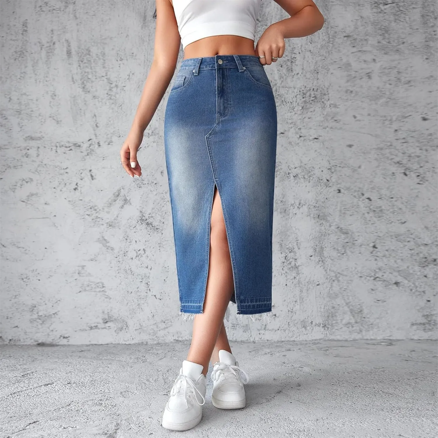 Womens High Waist A Line High Waist Denim Skirts Splice Pocket Button Mid Length Skirt Y2k Streetwear